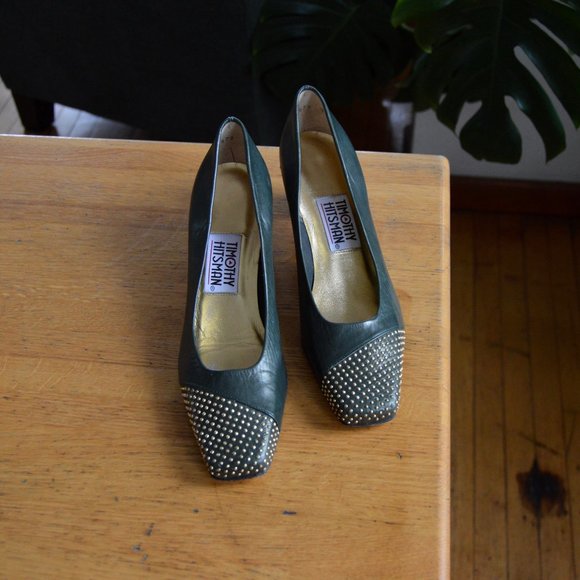 Nearly New Timothy Hitman Green Leather & Gold Dotted Metal Cap Toe VINTAGE 80s - Picture 6 of 8